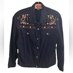 Carole Little Embroidered Beaded Lightweight Black Denim Jacket Size Medium